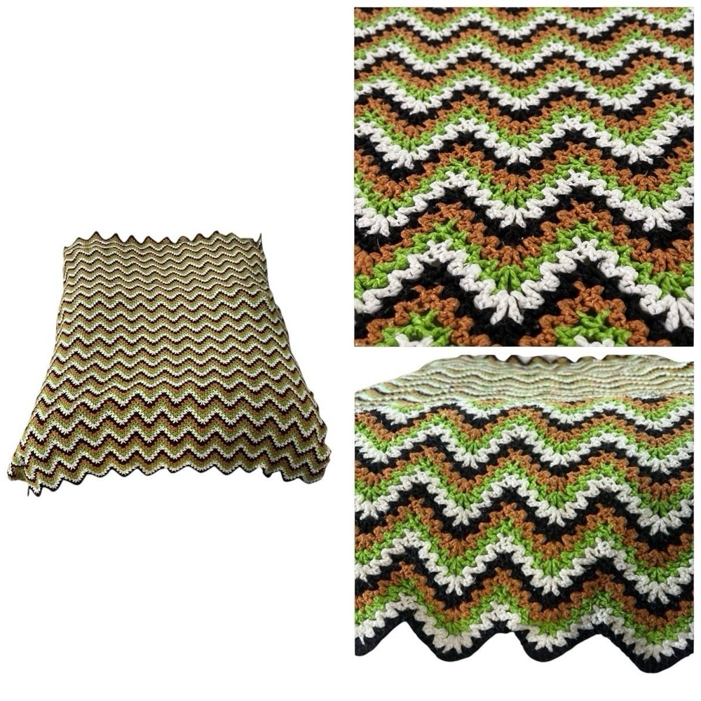 Ripple Afghan Hand Crocheted Blk Brown Green White 56x63 Mid Century Modern 70s
